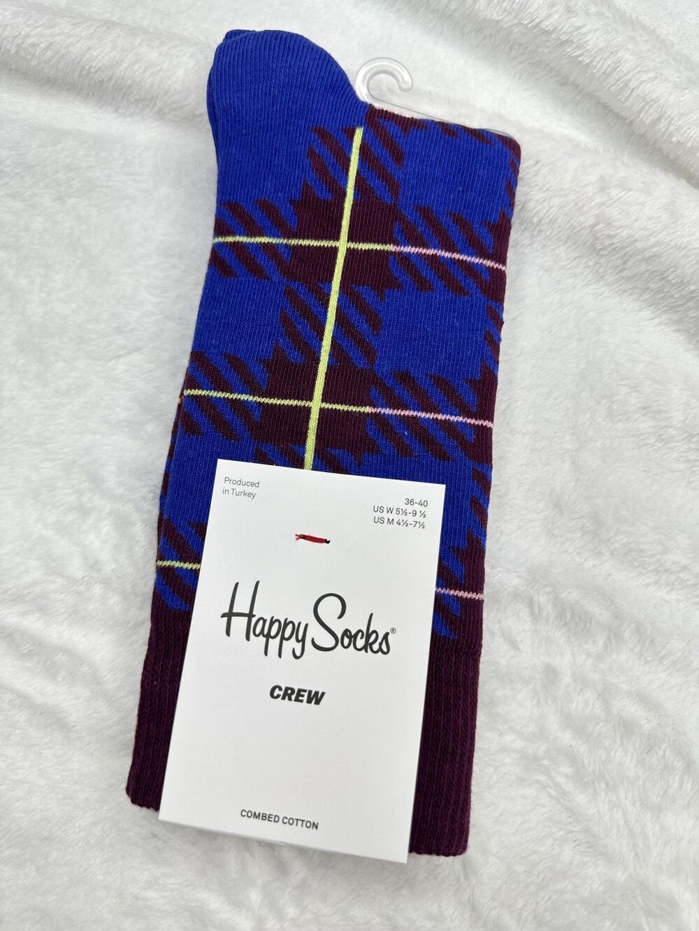 Happy Socks Crew Socks 36-40 Purple Blue Plaid Pattern Combed Cotton New